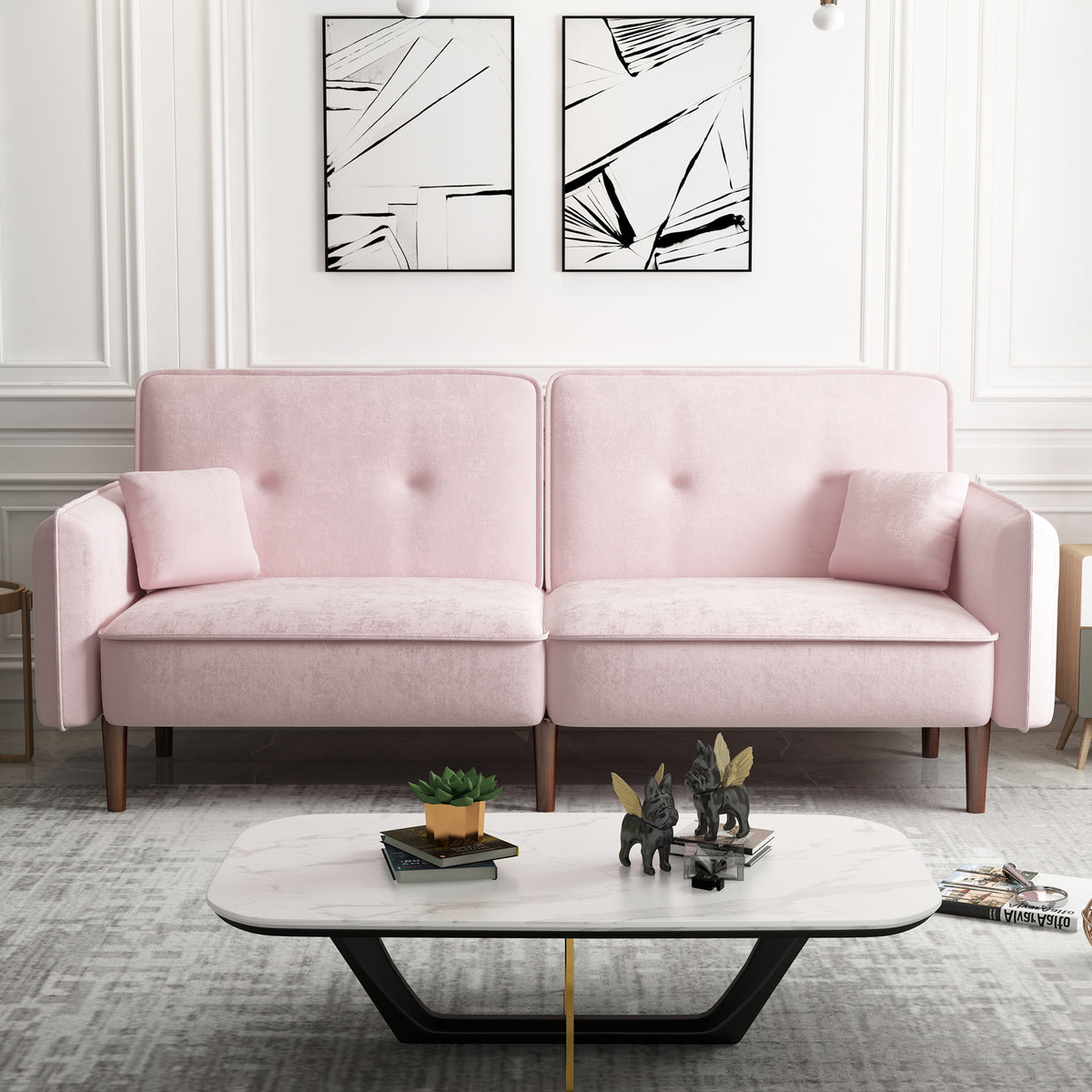 Pink Velvet Convertible Sofa Bed – Wood Legs