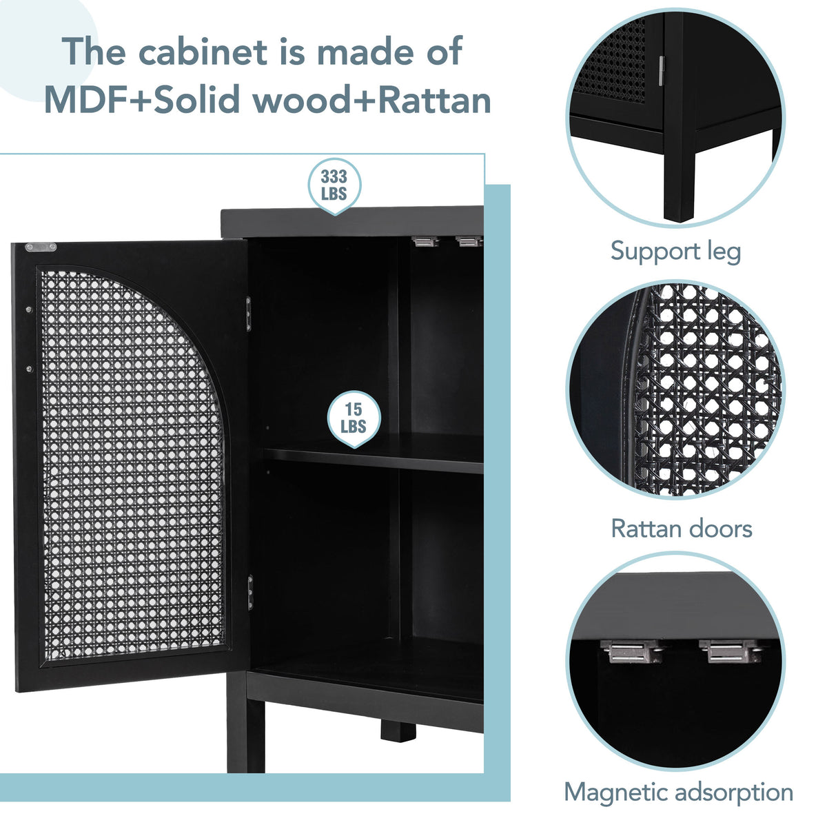 Storage Sideboard with Rattan Doors Black