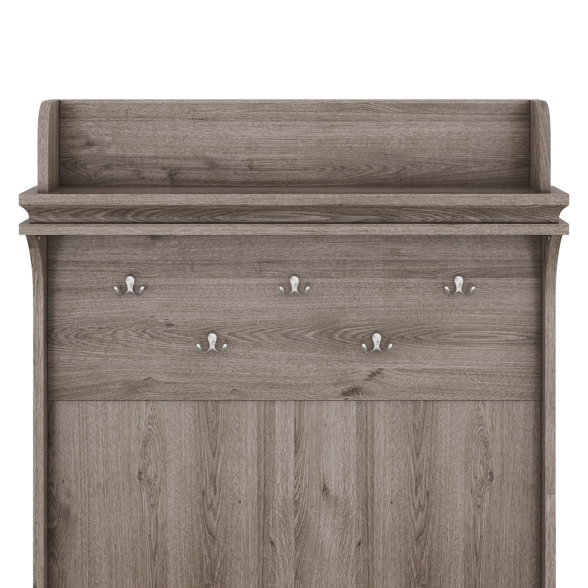 Oak Hall Tree with Hooks, Shelves, and Storage Bench