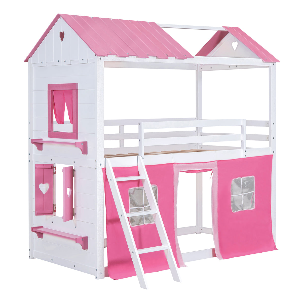Twin Bunk Bed with Tent Pink White