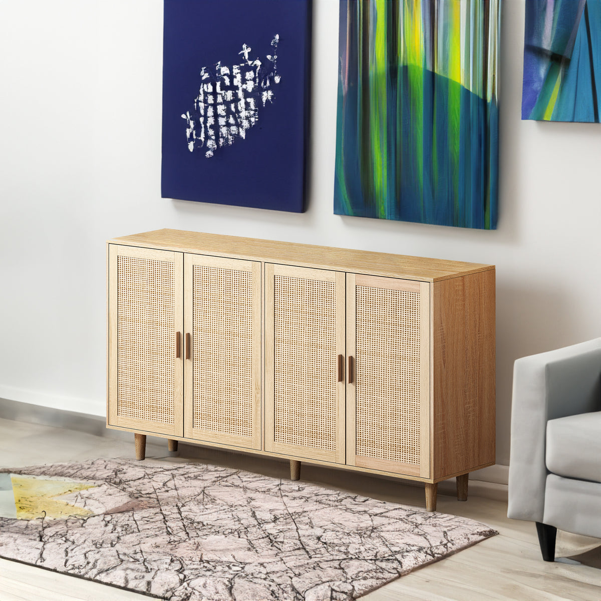 62-Inch Rattan Storage Cabinet with 4 Doors Beige