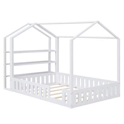 Full Platform Bed with Storage Shelves White