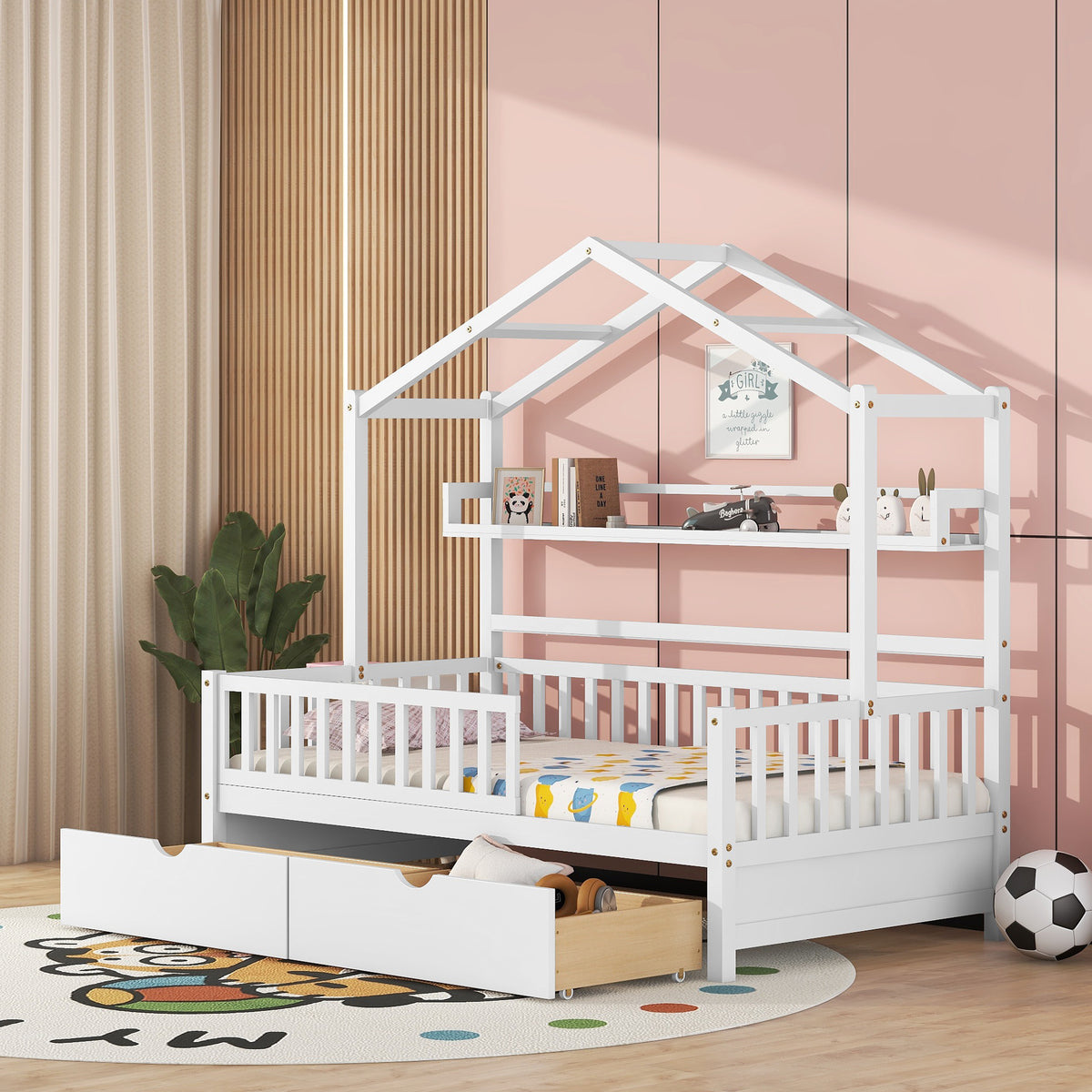 Twin House Bed with Storage Shelf White