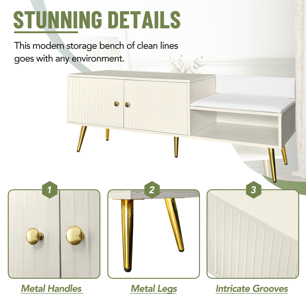 Modern Hidden Storage Bench White Upholstered Seat