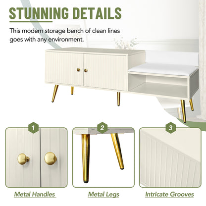 Modern Hidden Storage Bench White Upholstered Seat