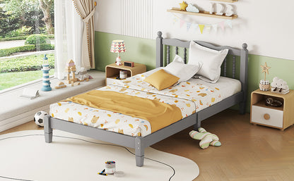 Twin Platform Bed with Slatted Headboard Gray