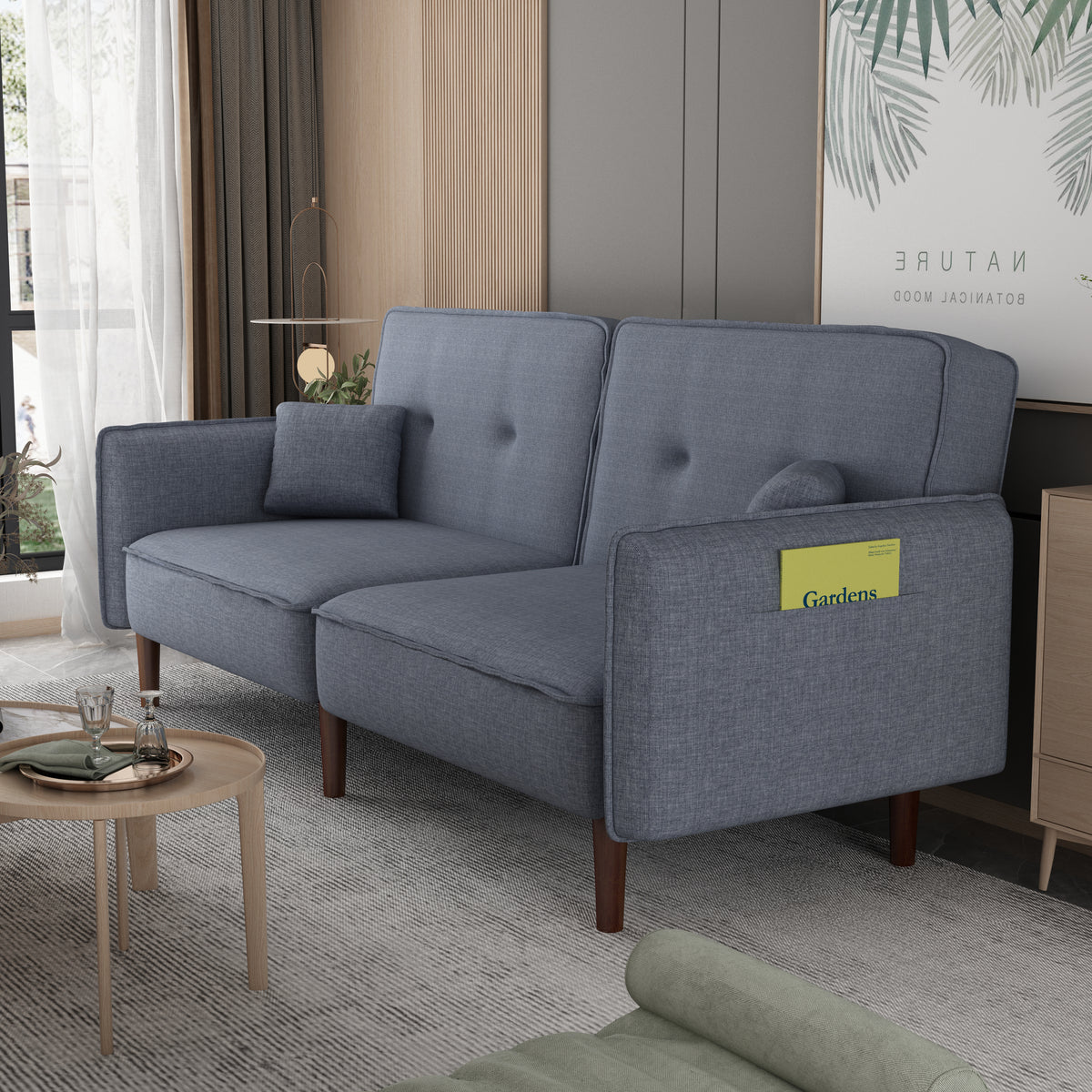 Futon Sofa Bed with Solid Wood Legs Gray
