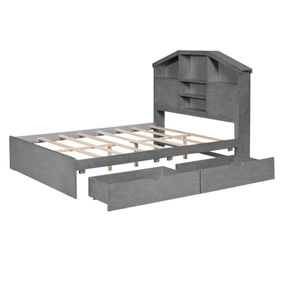 Full Platform Bed with Storage Headboard Gray