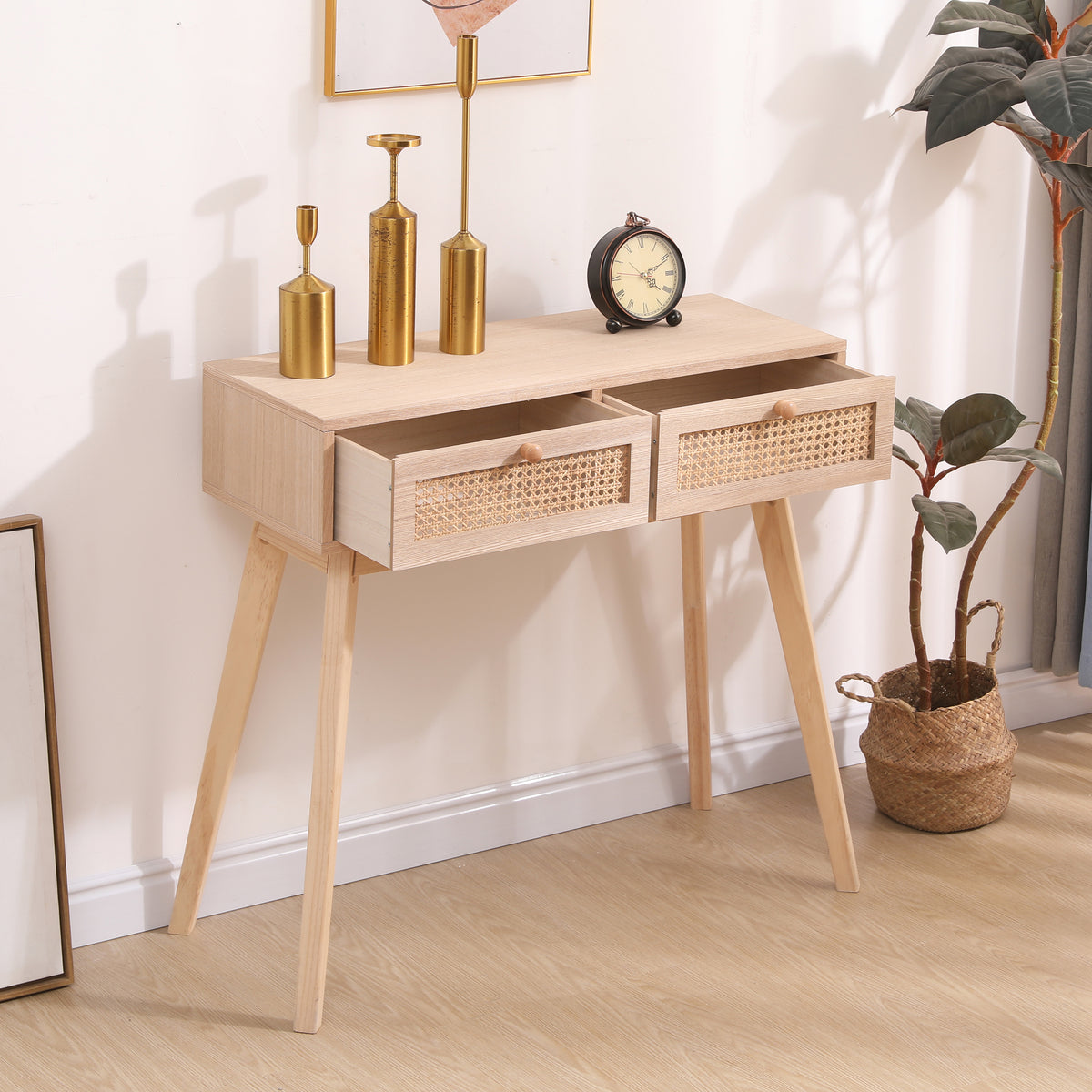 Rattan Side Table with Drawers