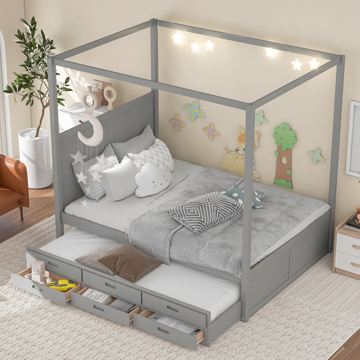 Queen Canopy Platform Bed with Drawers Gray