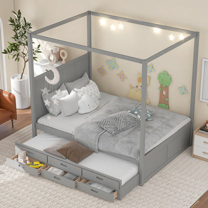 Queen Canopy Platform Bed with Drawers Gray