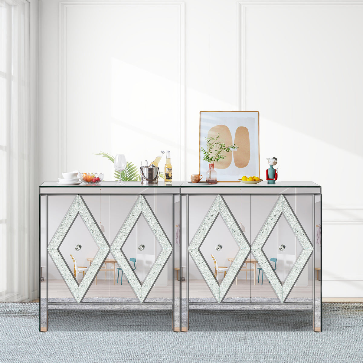 Mirrored Storage Cabinet with Diamond Frame Detailing