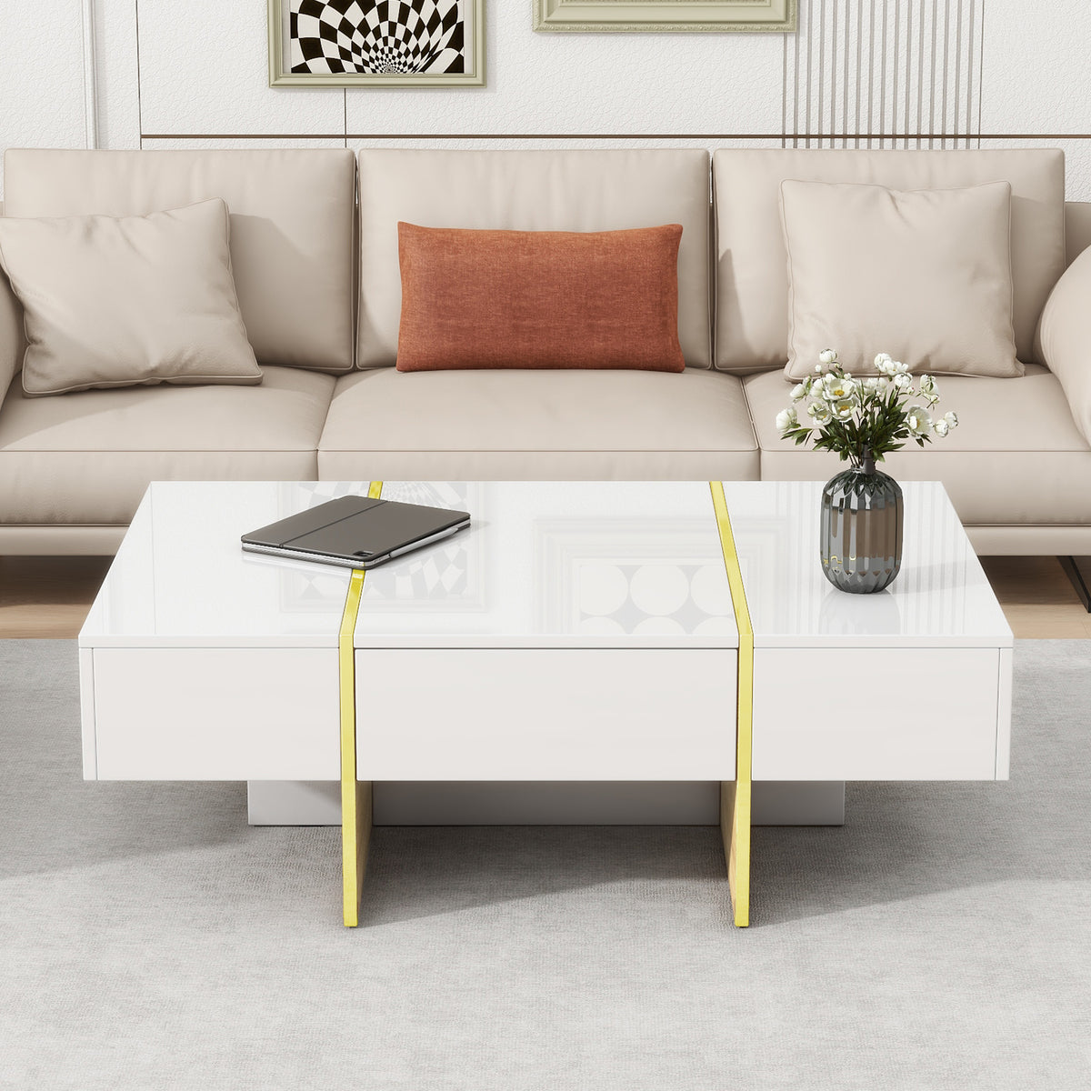 Multifunctional Table with Drawers Gold Finish