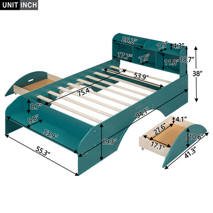 Full Platform Bed with Headboard Dark Green