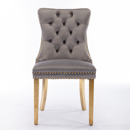 Tufted Velvet Dining Chair Set (2 pcs) – Gray & Gold Legs
