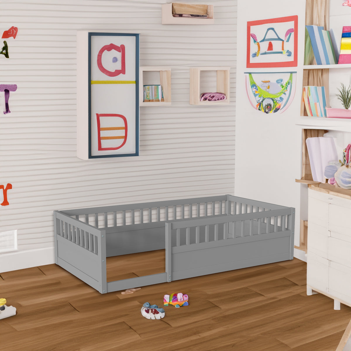 Gray Kids Floor Bed Frame with Fence
