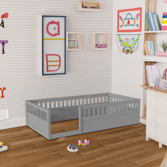 Gray Kids Floor Bed Frame with Fence