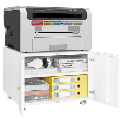 White Mobile Copier Cabinet – 2-Door File & Printer Stand with Wheels