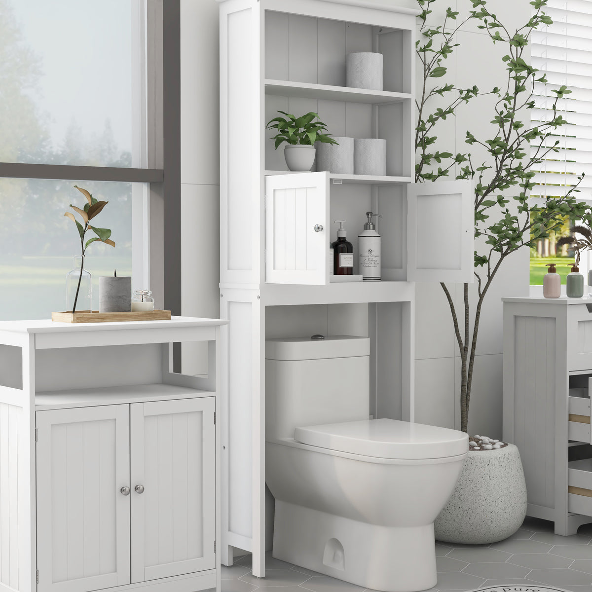 2-Tier Over-Toilet Storage Cabinet – Wood Finish Bathroom Spacesaver with 2 Doors
