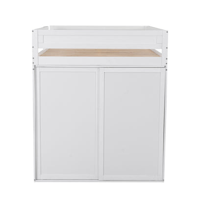 Full-Size Loft Bed with Wardrobe and Drawers White