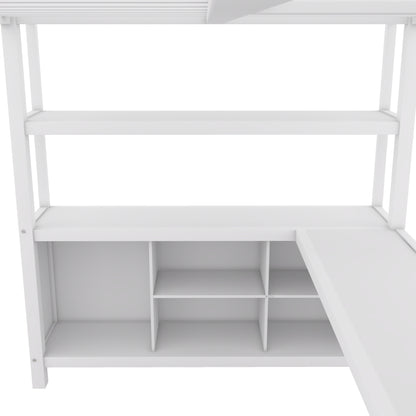 Full Loft Bed with Wardrobe and Shelf White