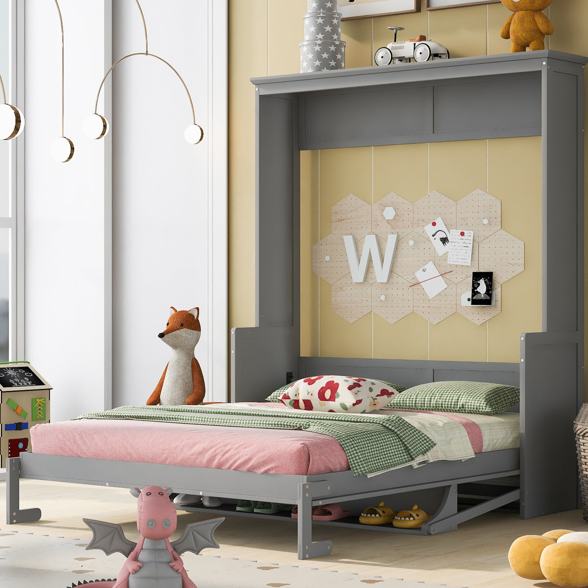Queen Murphy Bed with Storage Gray