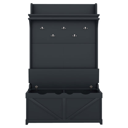 Dark Blue Hall Tree with Desk, Hooks, and Shelves