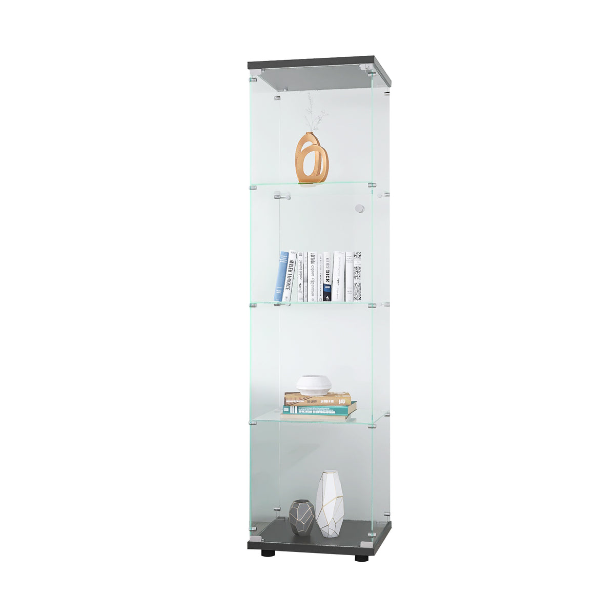 4-Layer Black Glass Display Cabinet with Doors