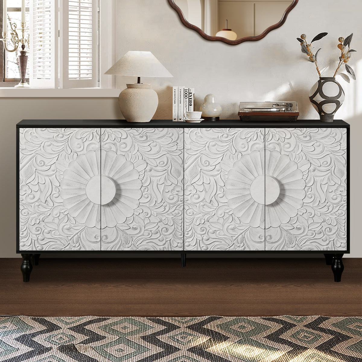 Vintage White Faceted Accent Cabinet with Black Frame