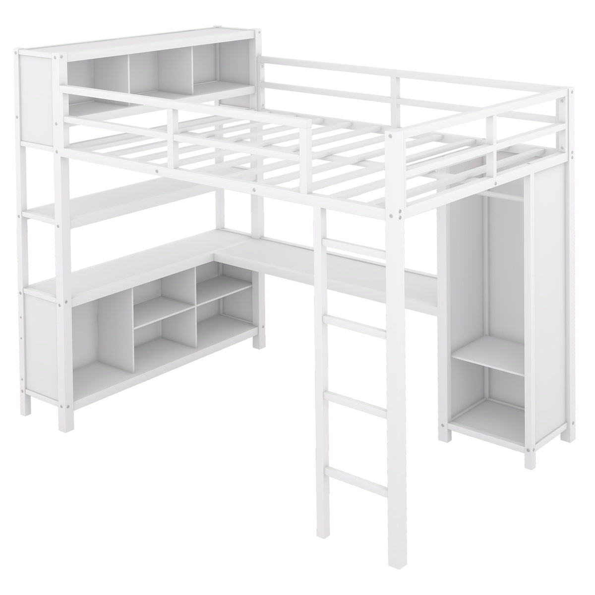 Full Loft Bed with Wardrobe and Shelf White