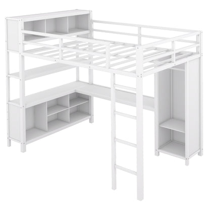 Full Loft Bed with Wardrobe and Shelf White