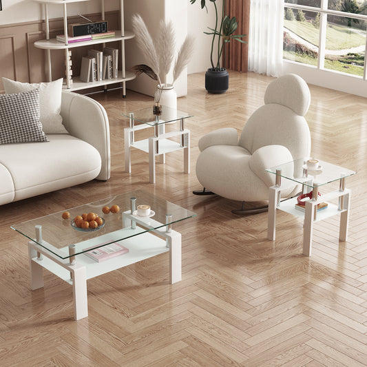 Set of 2 Glass Coffee Tables – Transparent White