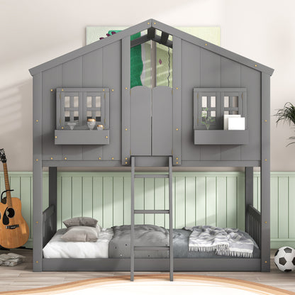 Twin House Bunk Bed with Ladder Grey