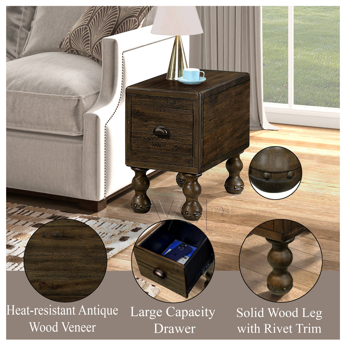 Solid Wood End Table – Espresso Finish with Drawers