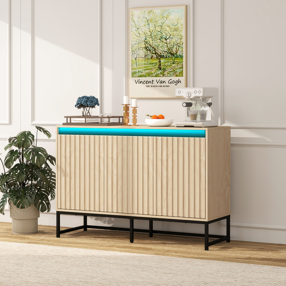 Engraved 3-Door Sideboard Cabinet with LED Lighting