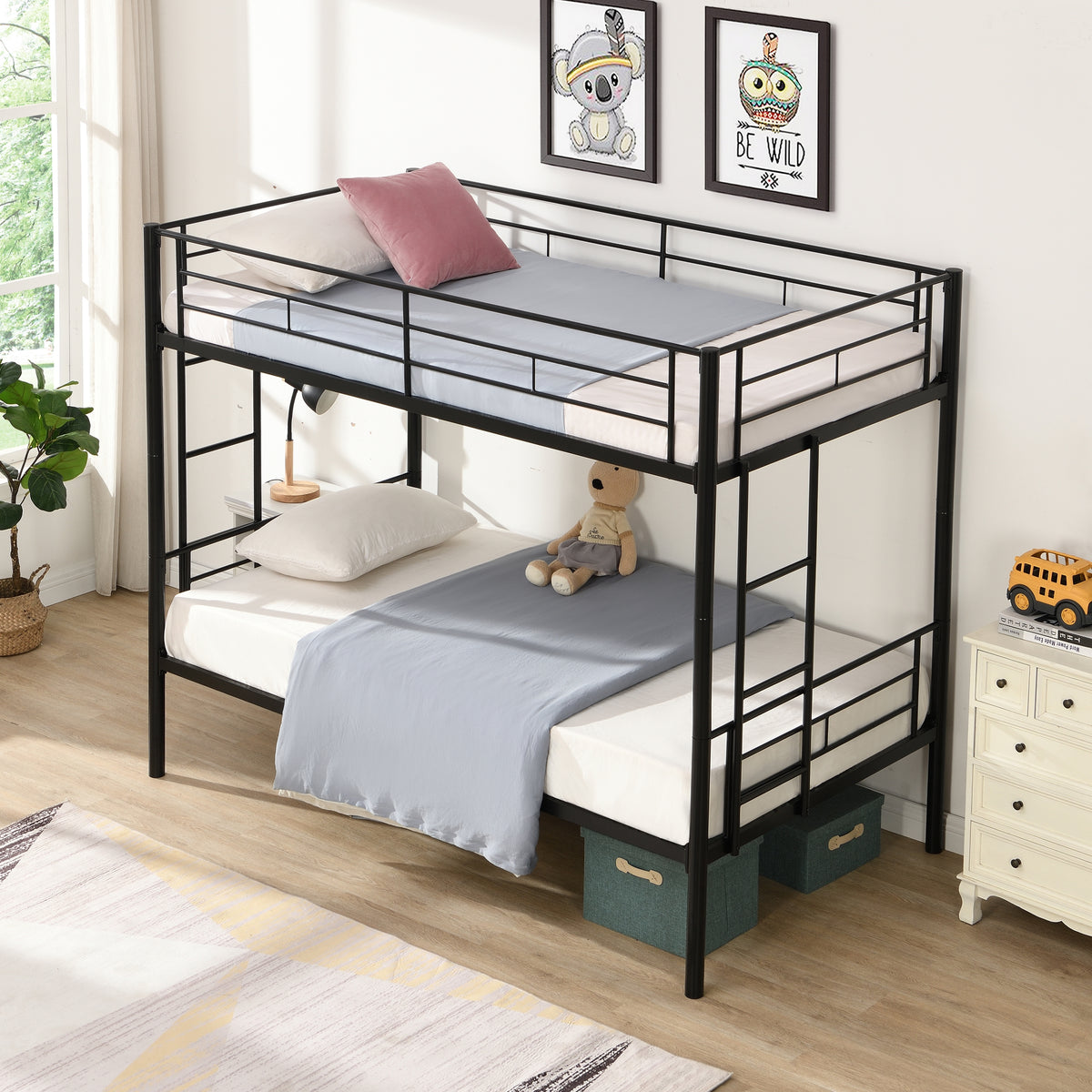Full Metal Bunk Bed with Guardrails Black