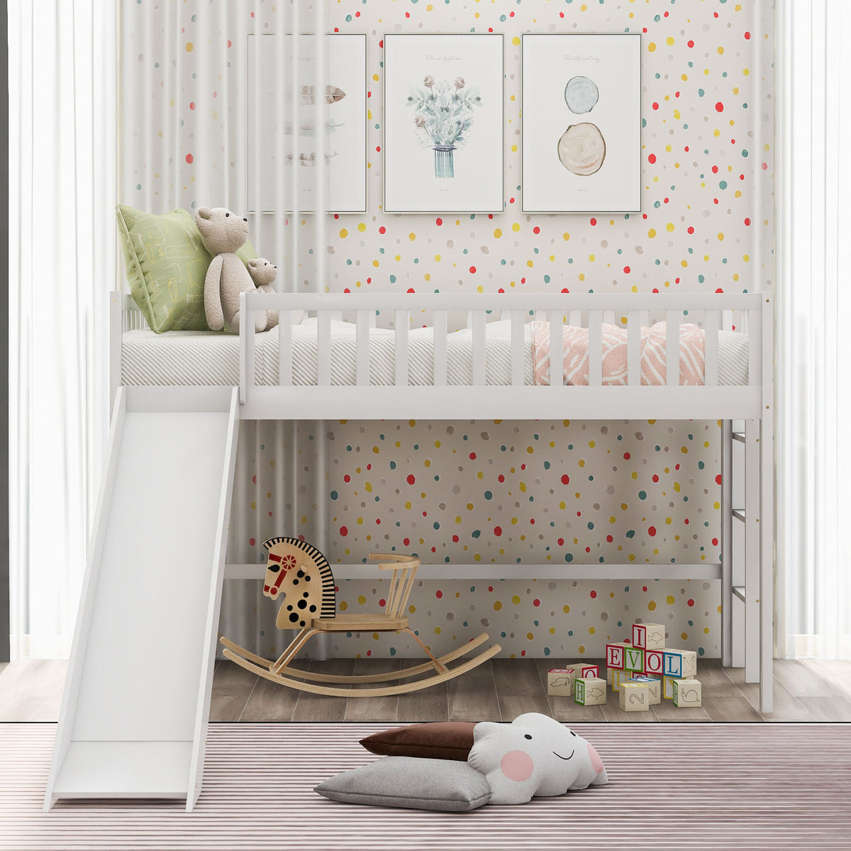 Twin Loft Bed with Ladder and Slide White