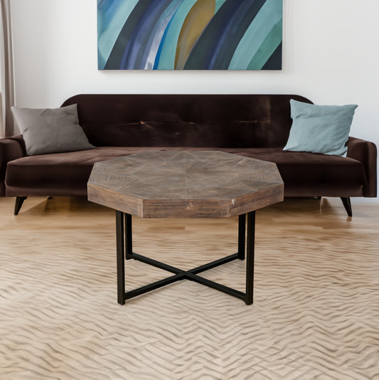 Octagonal Coffee Table with Cross Metal Base Brown