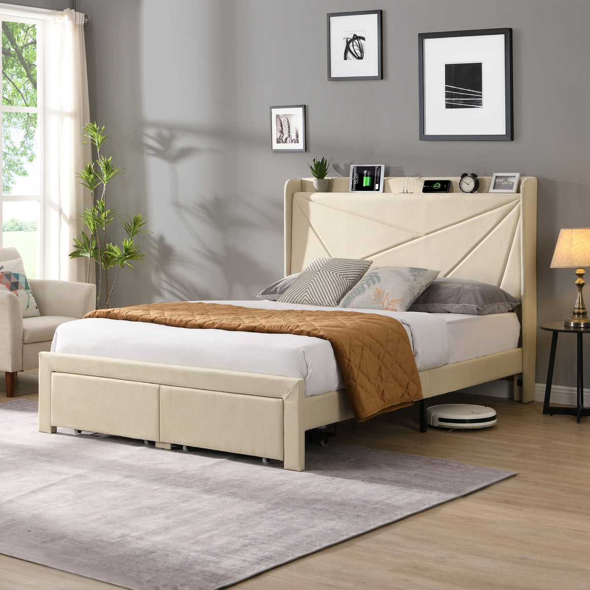 Full Size Upholstered Bed with Drawers – Beige