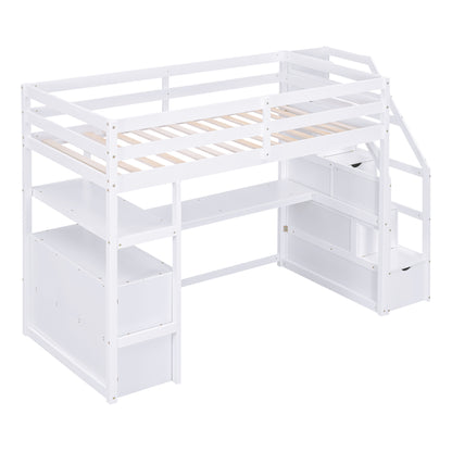 Twin Loft Bed with Storage Staircase White