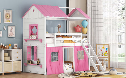Twin Bunk Bed with Tent Pink White