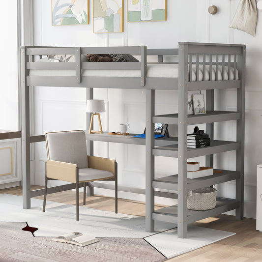 Twin Loft Bed with Storage Gray