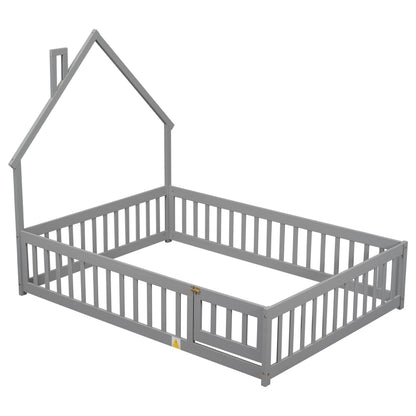 House Frame Bed with Fence Gray
