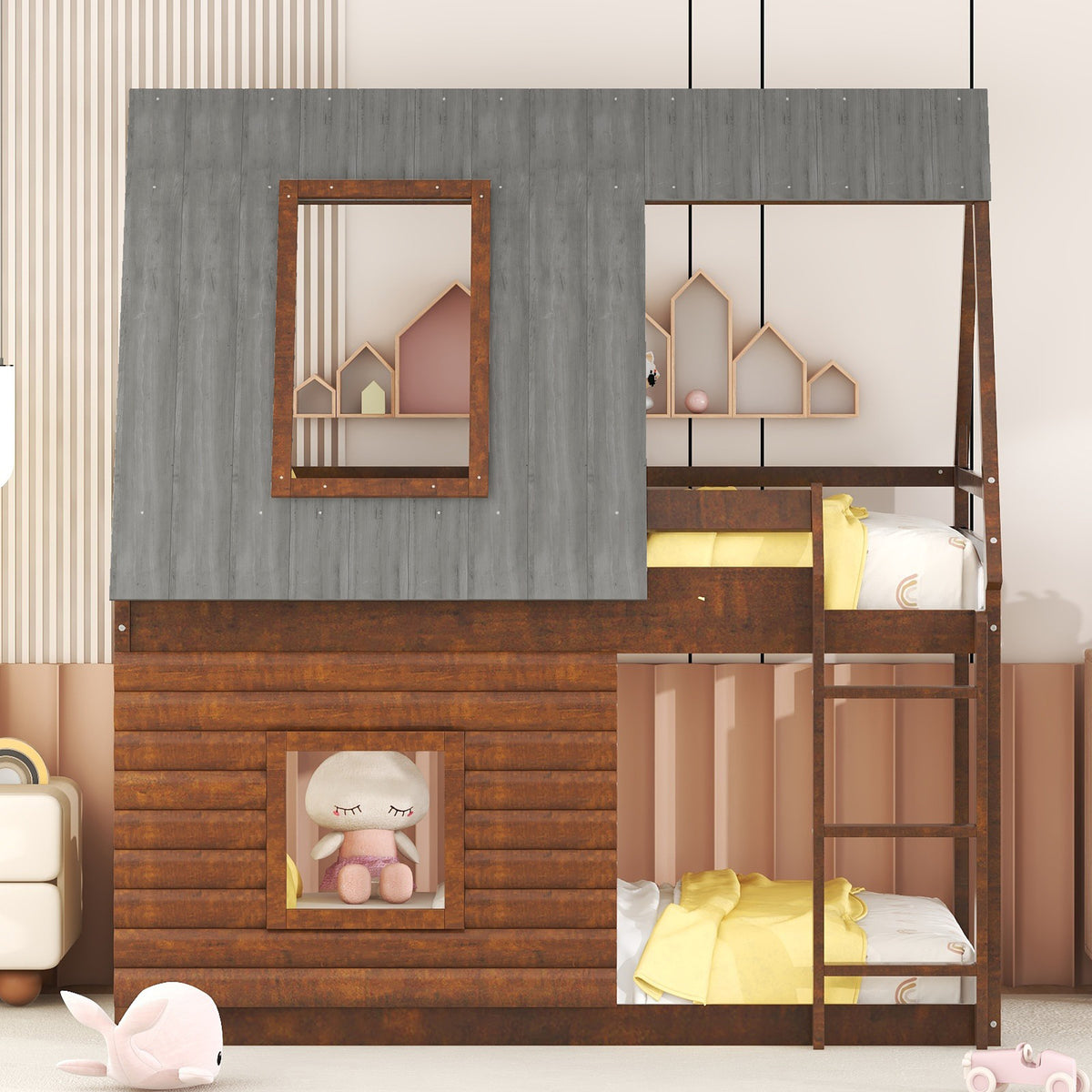 Twin Bunk Bed with Roof Windows Gray
