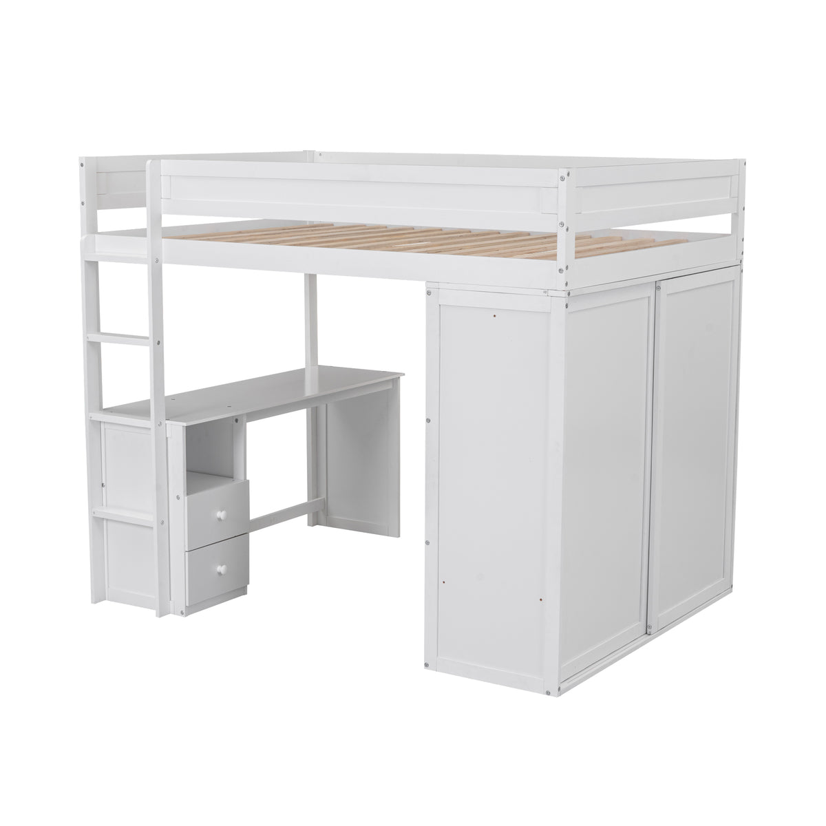 Full-Size Loft Bed with Wardrobe and Drawers White
