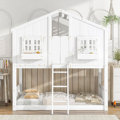 Twin House Bunk Bed with Ladder White