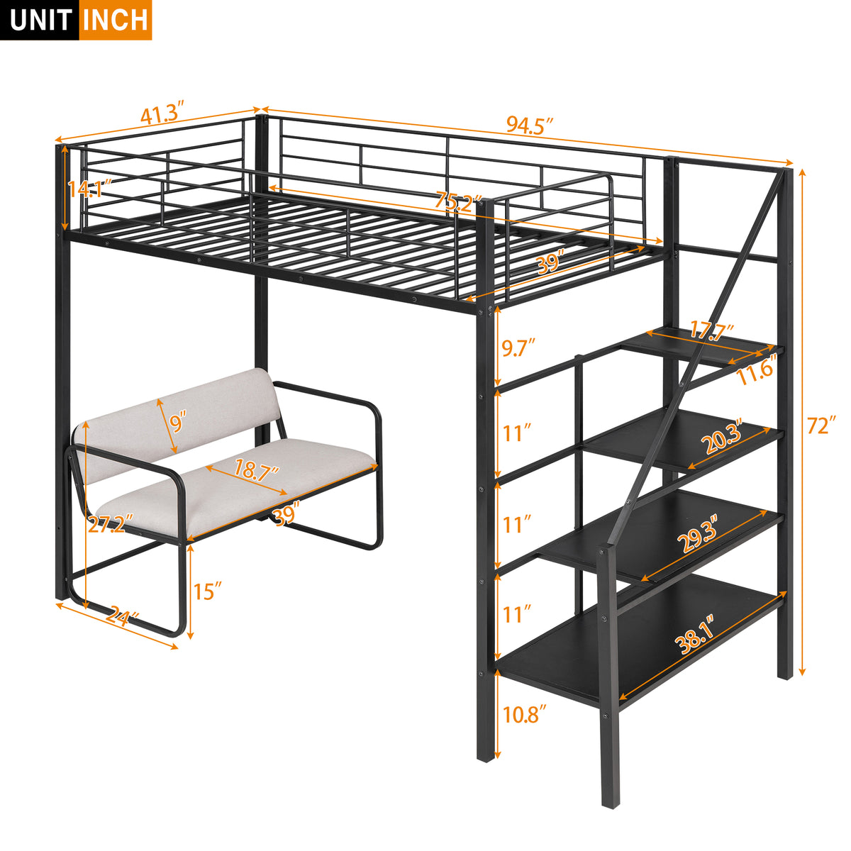Twin Metal Loft Bed with Storage Black