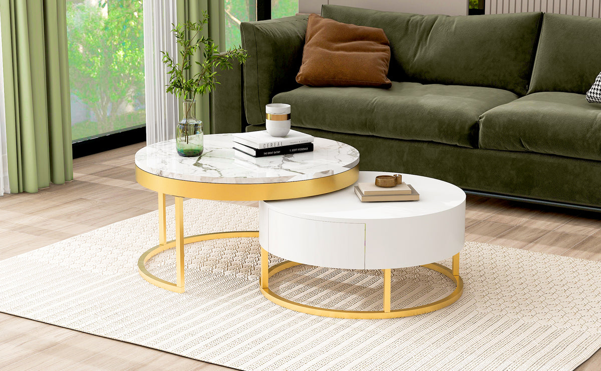 Round Nesting Coffee Table Set White Marble
