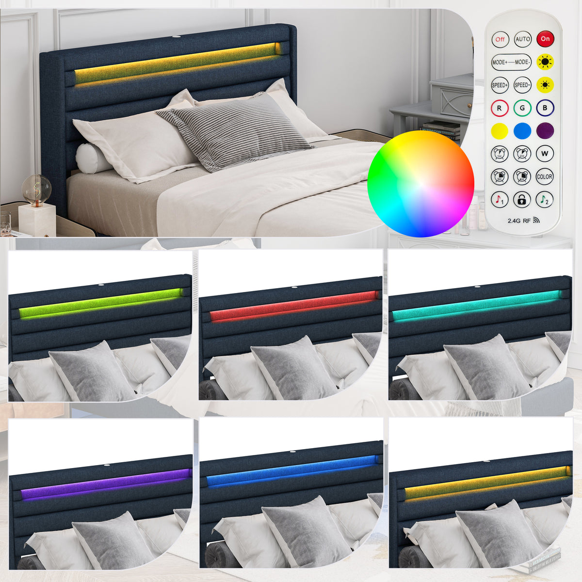 Queen Bedframe with Linen Wrapped LED Headboard Blue