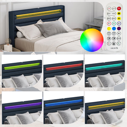 Queen Bedframe with Linen Wrapped LED Headboard Blue